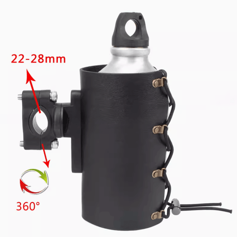 Vintage leather motorcycle cup holder from Bean's Moto Booth, featuring a durable, stylish design for motorcycle accessories.