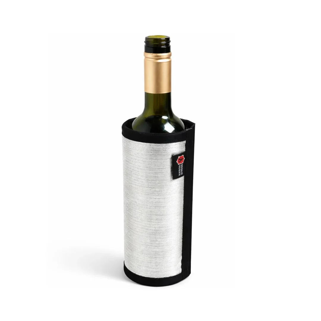 Silver Firehose Wine Bottle Cover by Recycled Firefighter, made from recycled firehose material, fits standard wine bottles.