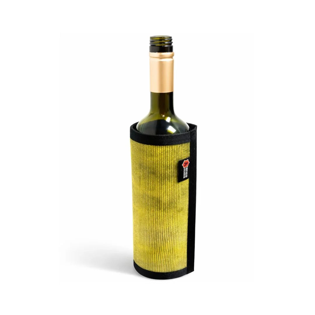 Vintage yellow Recycled Firefighter firehose wine bottle cover with detailed firefighter graphics and durable fabric.