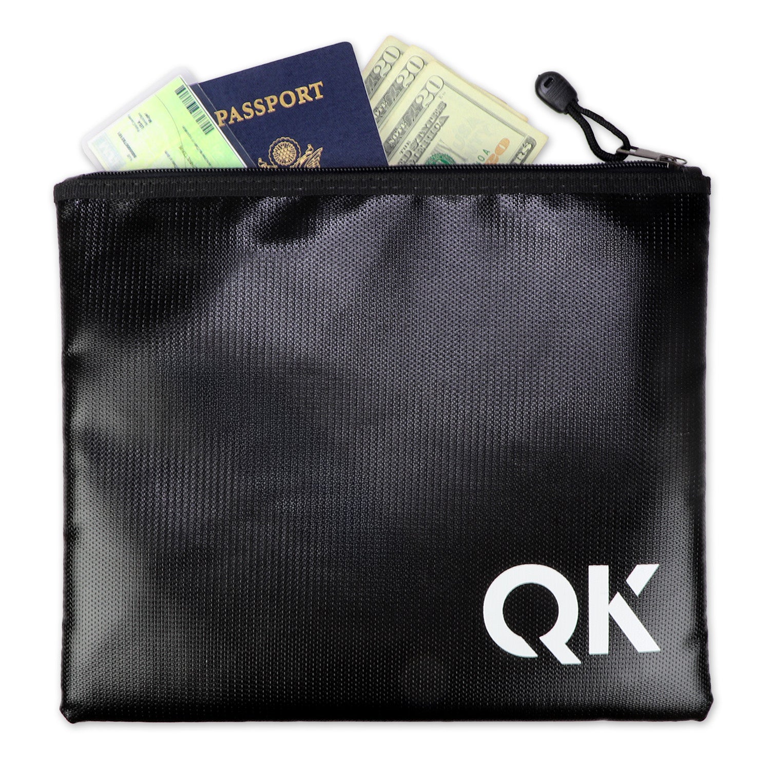 Fire and water resistant document holder bag in 12x10 inches, designed for securely storing money and valuables.