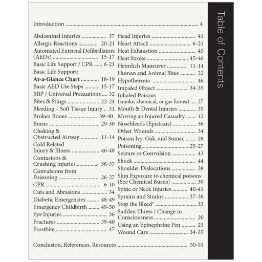 First aid instruction book by quakekits.com, featuring CPR, AED, and first aid procedures in a 52-page guide.