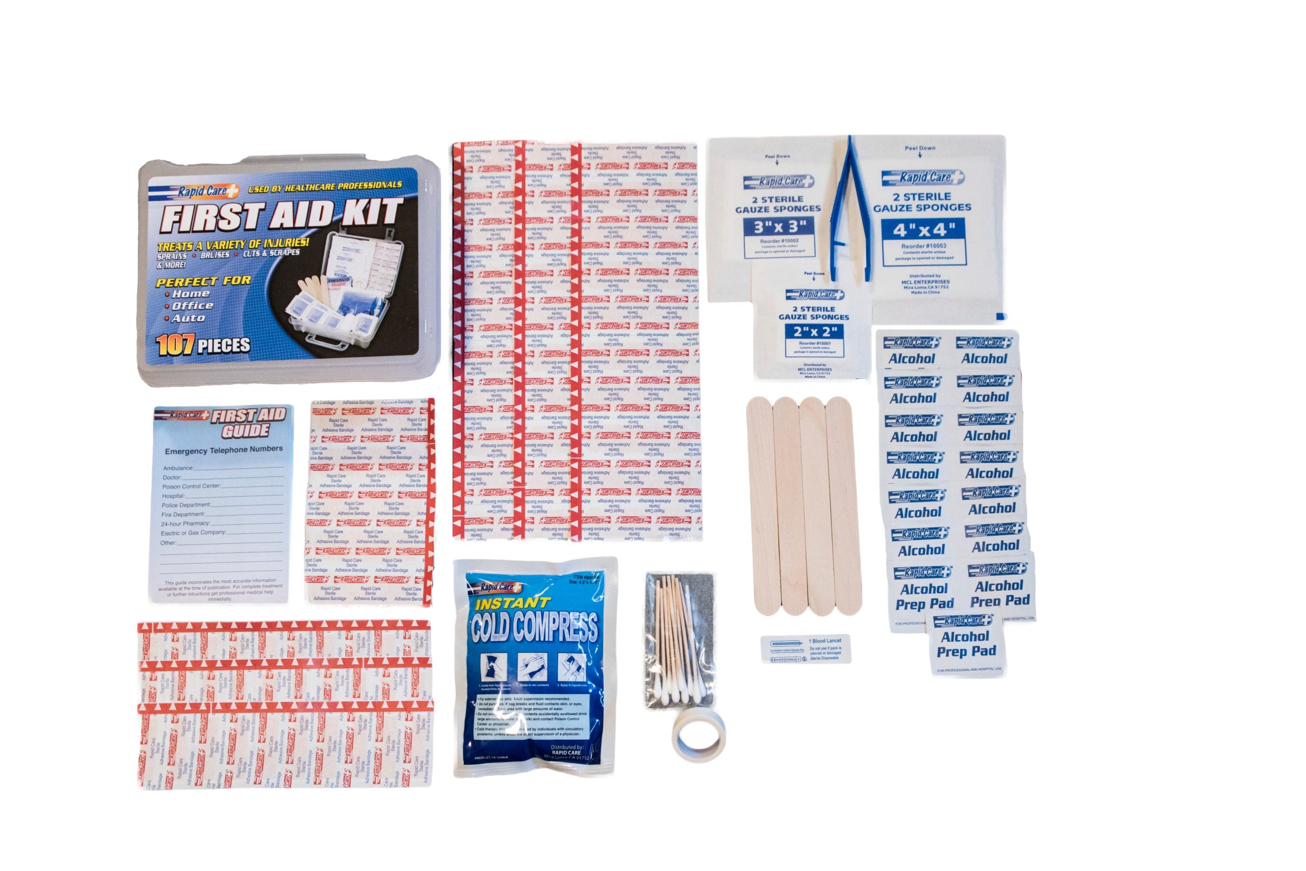 107-piece deluxe first aid kit by QuakeKits, includes bandages, antiseptics, scissors, and first aid supplies for school and work.