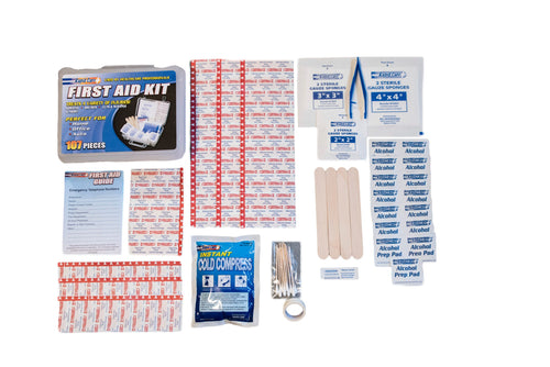 107-piece deluxe first aid kit by QuakeKits, includes bandages, antiseptics, scissors, and first aid supplies for school and work.