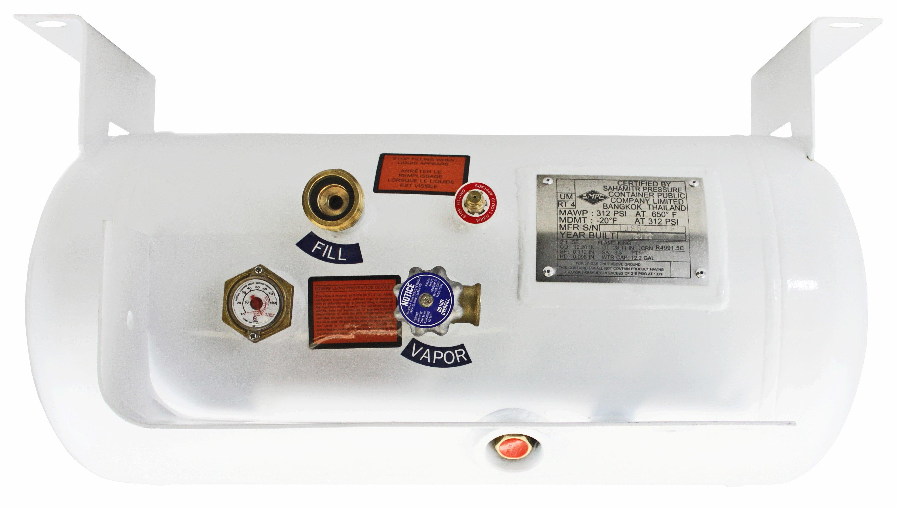 Flame King 12.2-gallon ASME RV trailer propane cylinder tank with valve and safety features, suitable for recreational vehicle use.