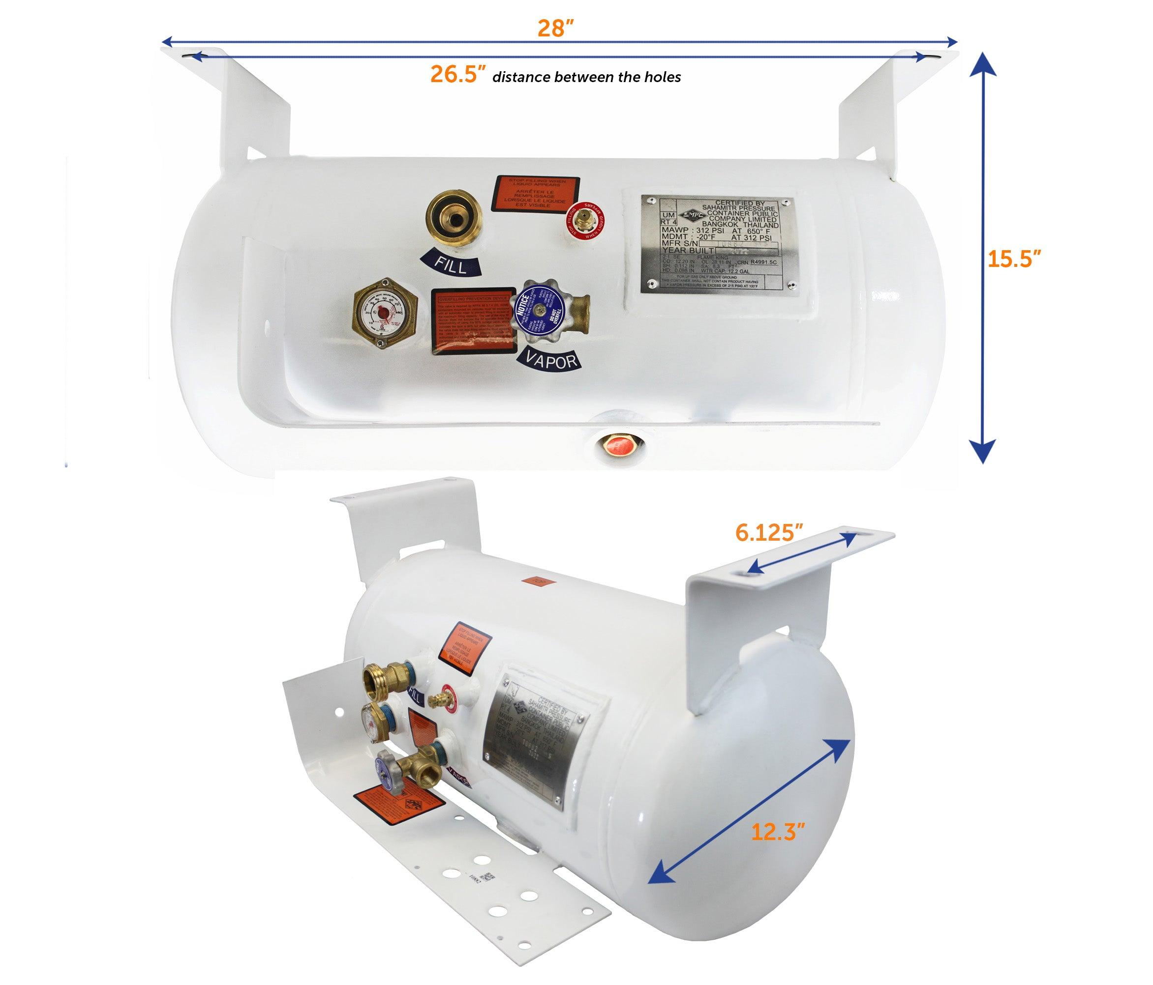 Flame King 12.2-gallon ASME RV trailer propane cylinder tank with metal valve and secure fittings, designed for safe outdoor use