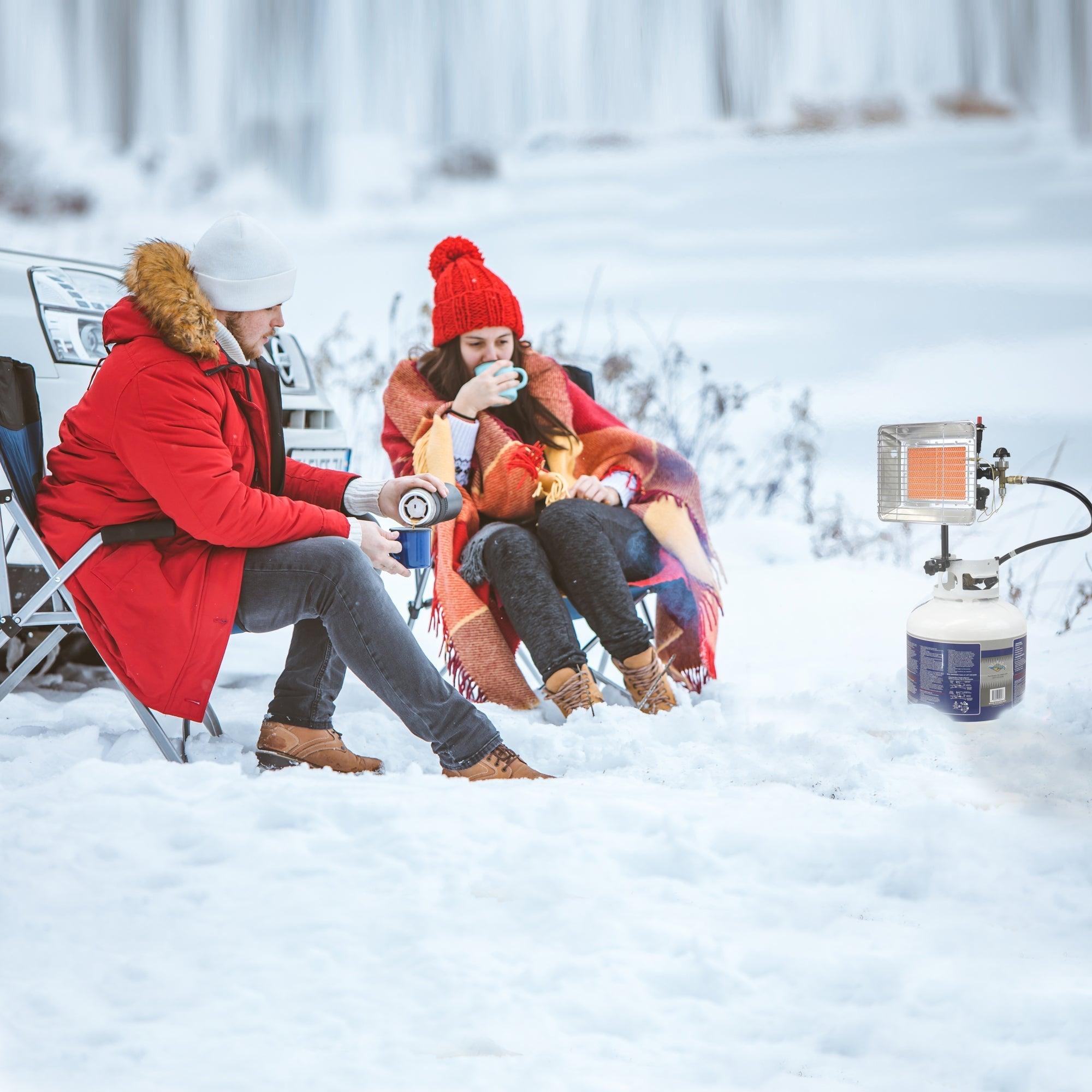 Flame King 13,000 BTU outdoor portable propane tank top heater igniter for camping, with ignition button and safety features.