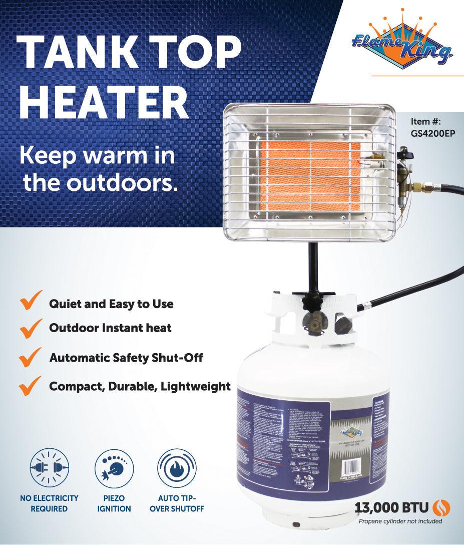 Flame King 13,000 BTU outdoor portable propane tank top heater with igniter, ideal for camping and outdoor warmth.