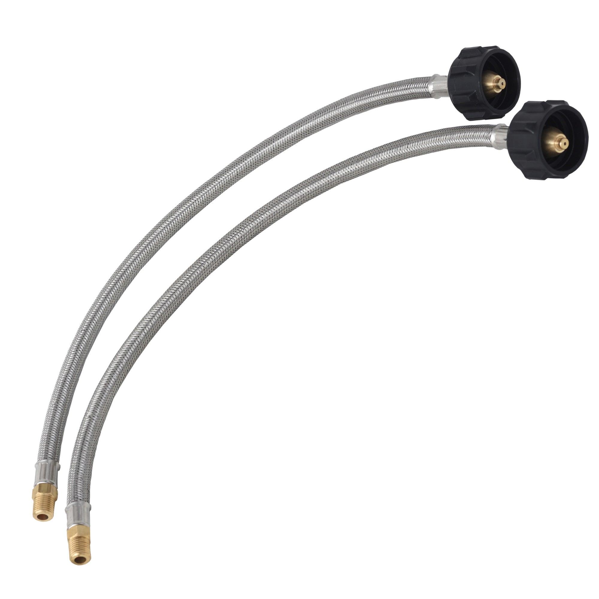 Two Flame King stainless steel braided propane pigtail hoses, 18 inches, with 1/4" NPT fittings for RV regulators.