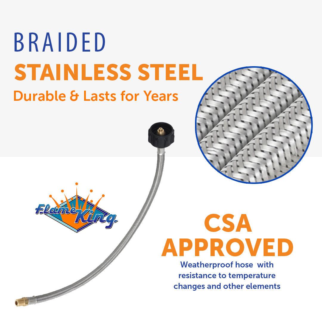 Flame King 1/4" NPT stainless steel braided propane pigtail hoses, 18-inch length, two-pack for RV regulators.
