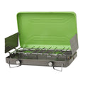 Flame King portable propane gas camping stove grill with two burners, ideal for outdoor cooking and camping trips.