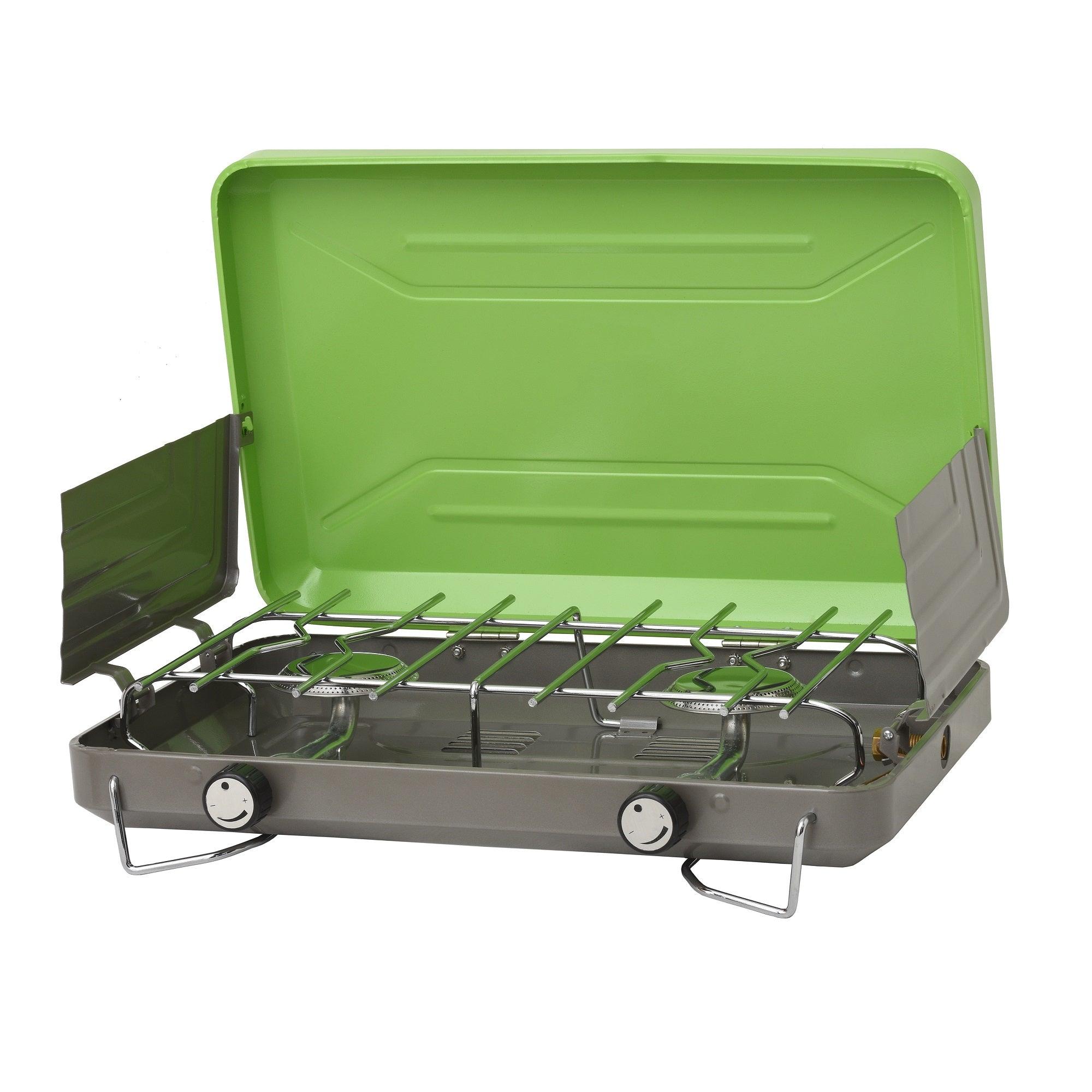 Flame King portable propane gas camping stove grill with two burners, ideal for outdoor cooking and camping trips.