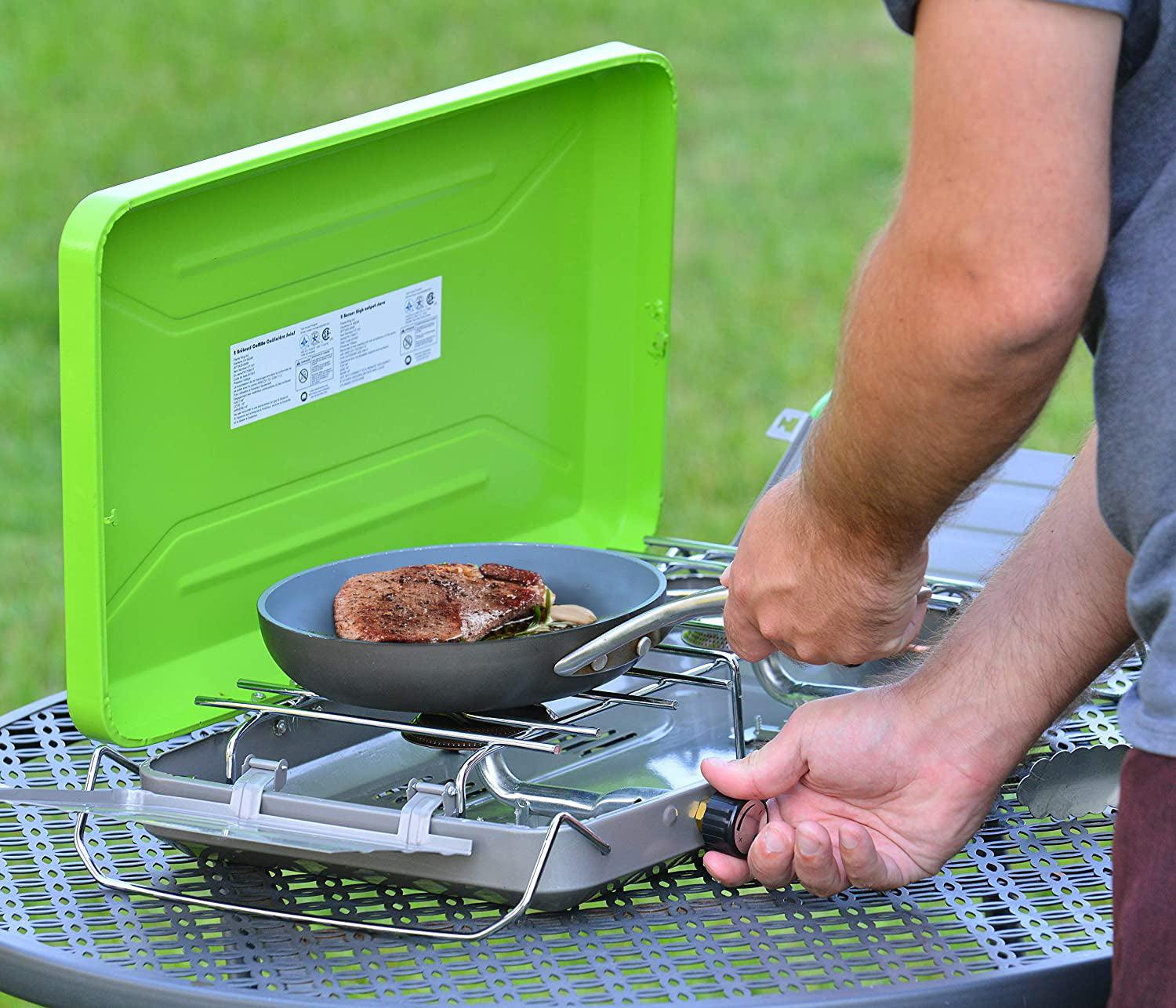 Flame King 2 burner portable propane gas camping stove grill with two burners and sturdy design for outdoor cooking.