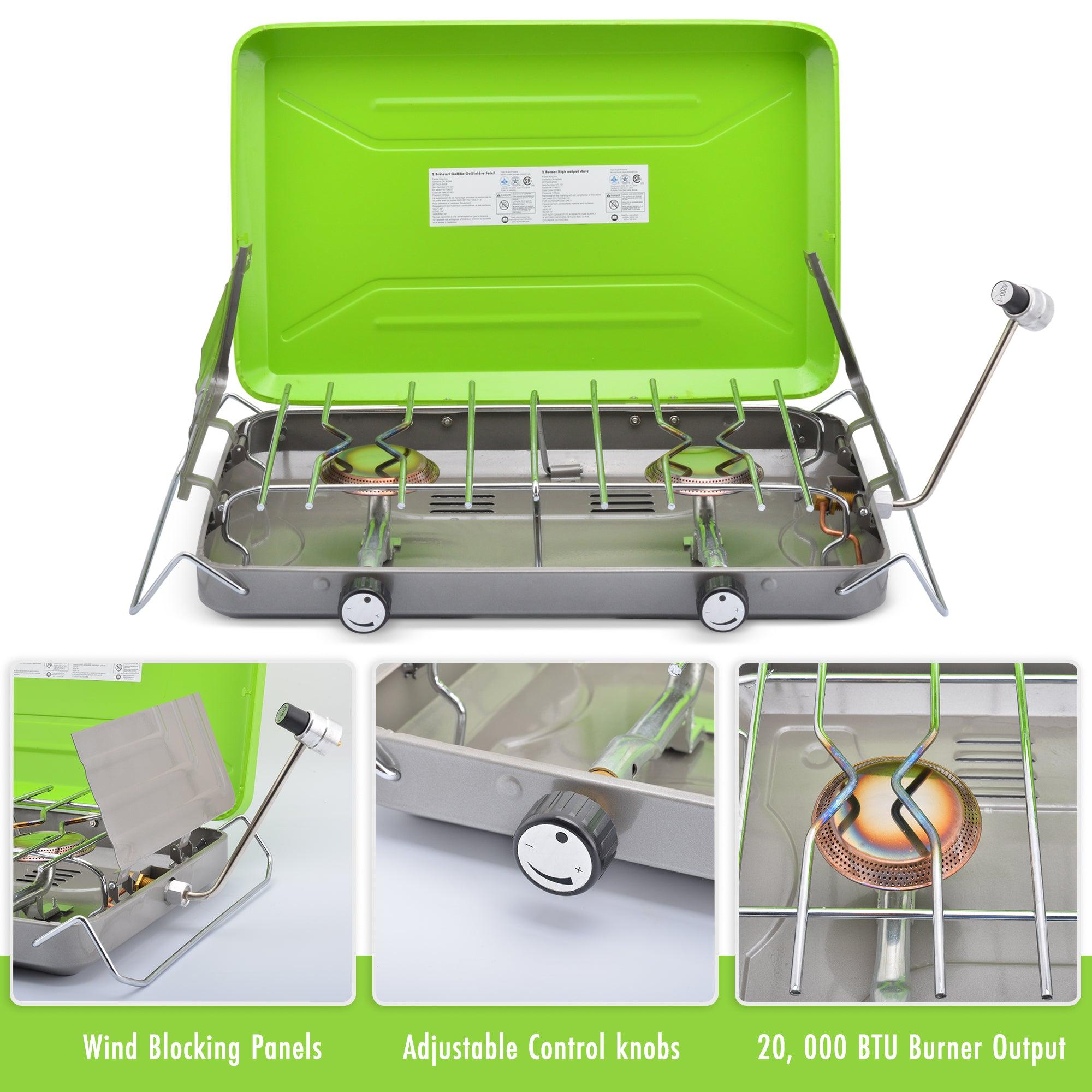 Flame King 2 burner portable propane gas camping stove grill with two burners and sturdy construction for outdoor cooking.