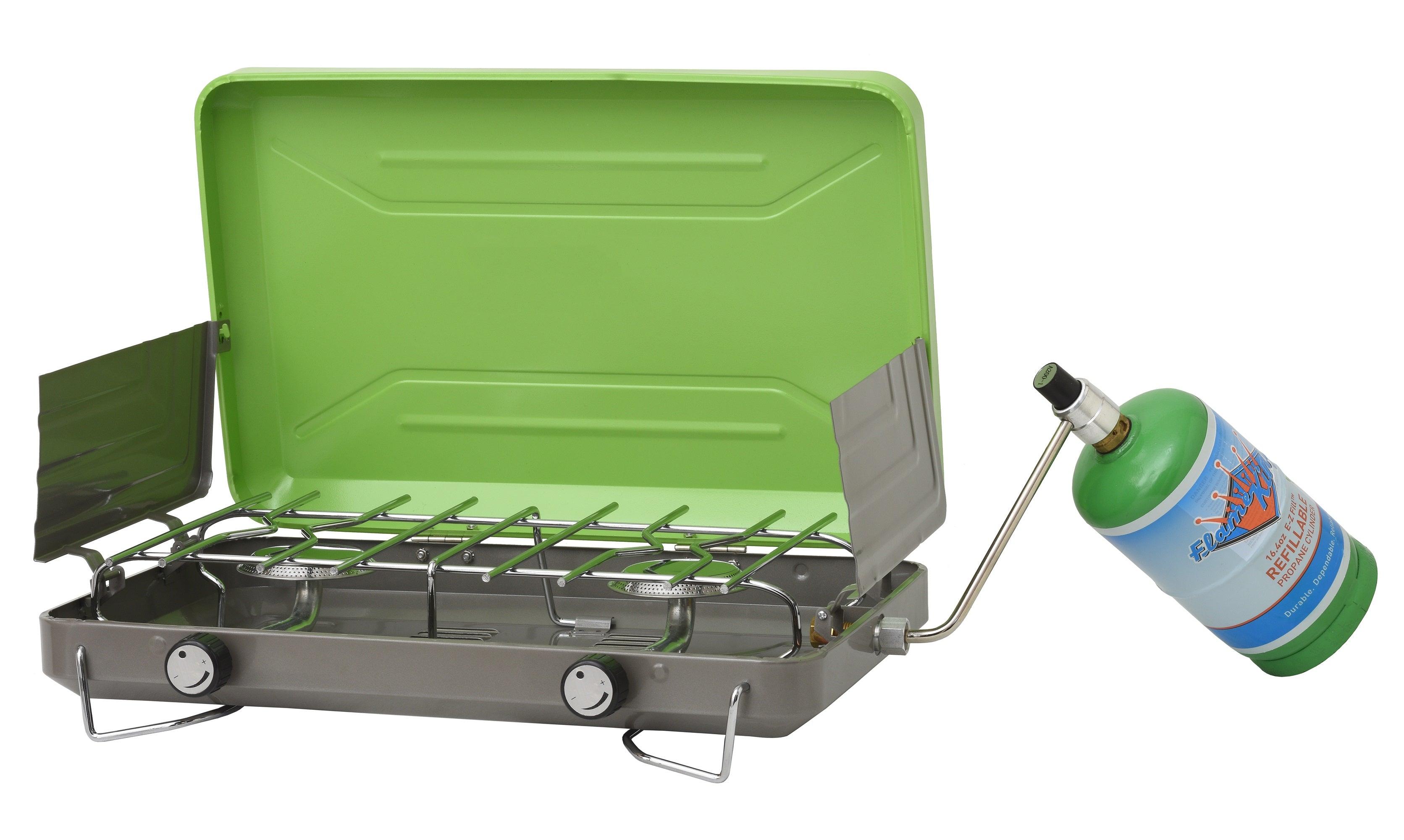 Flame King 2 burner portable propane gas camping stove grill with burners and control knobs for outdoor cooking.