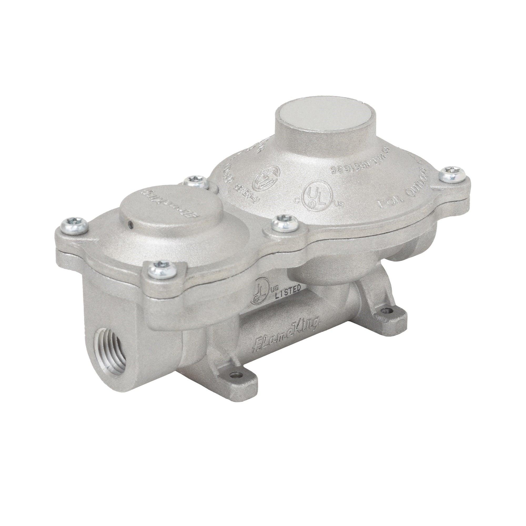 Flame King 2-stage LP propane regulator for RVs, featuring a compact design and 160,000 BTU capacity.