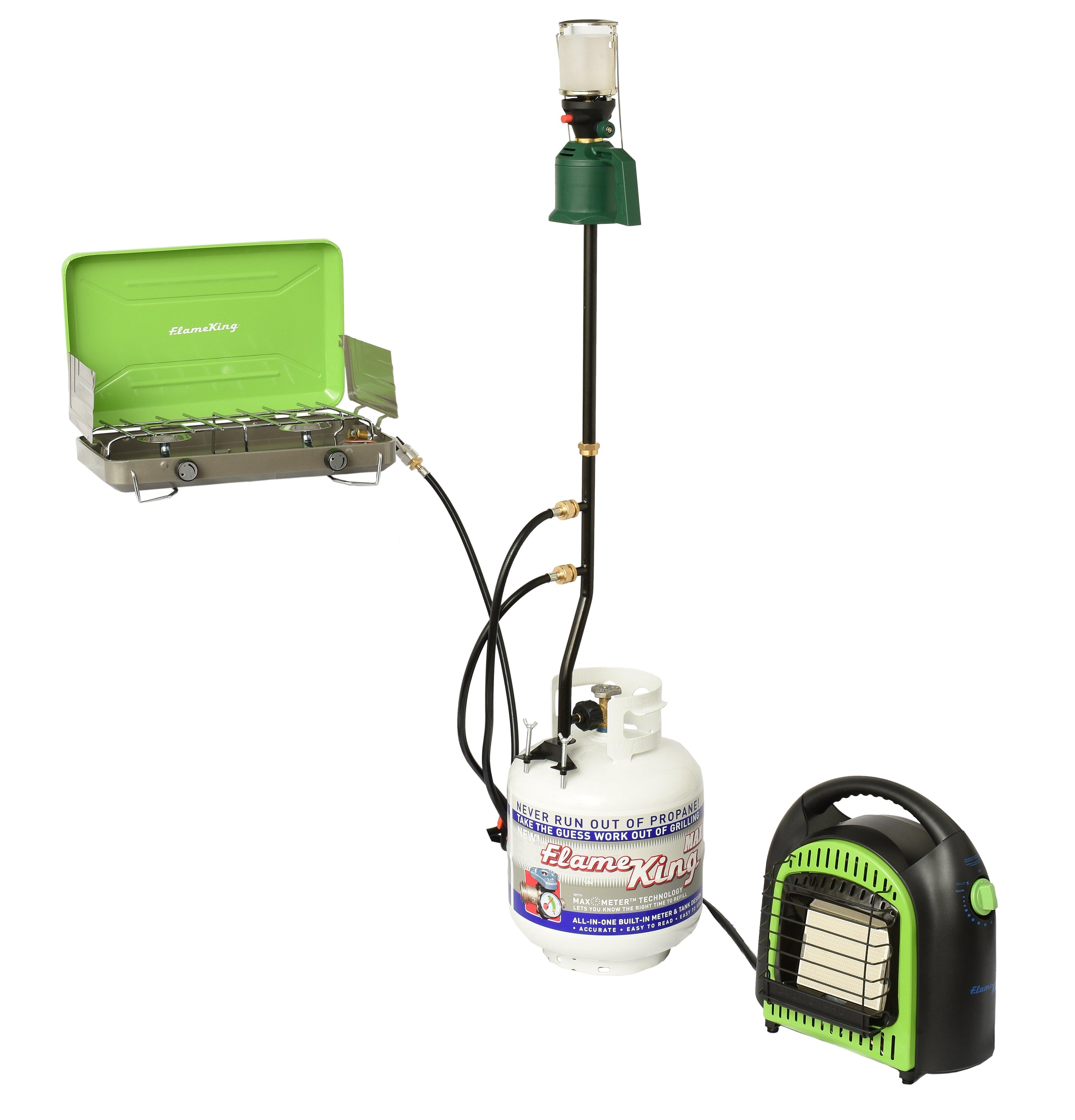 Flame King propane tank distribution post with three outlets for RV and trailer use, featuring a sturdy pole design.