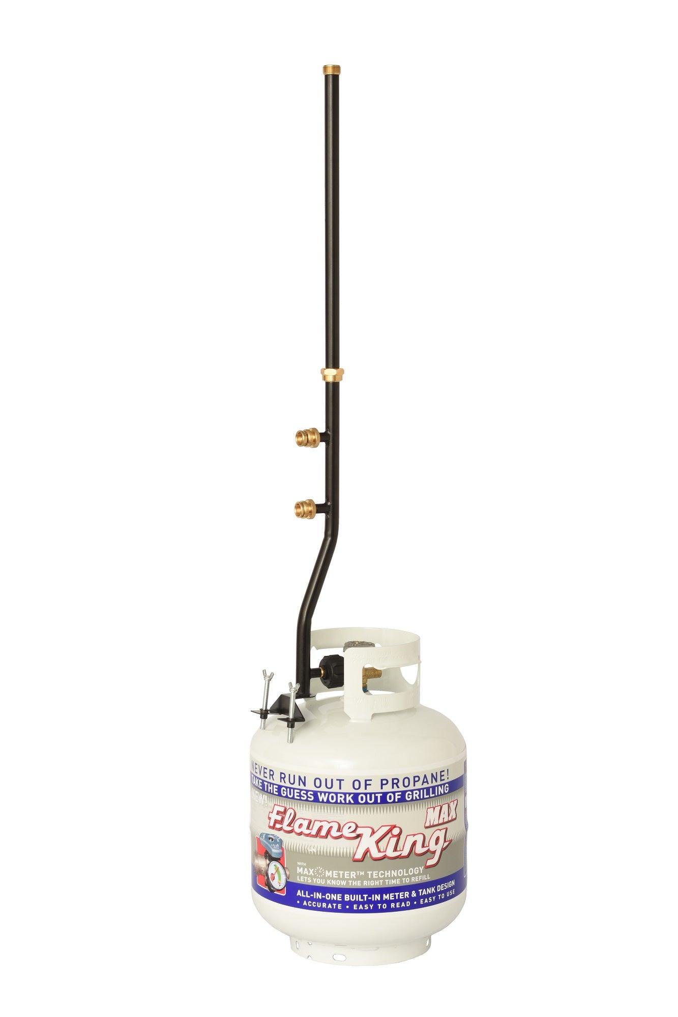 Flame King 3 outlets adapter for 20 to 1LB propane tank, featuring a sturdy distribution post and pole stand for RVs.