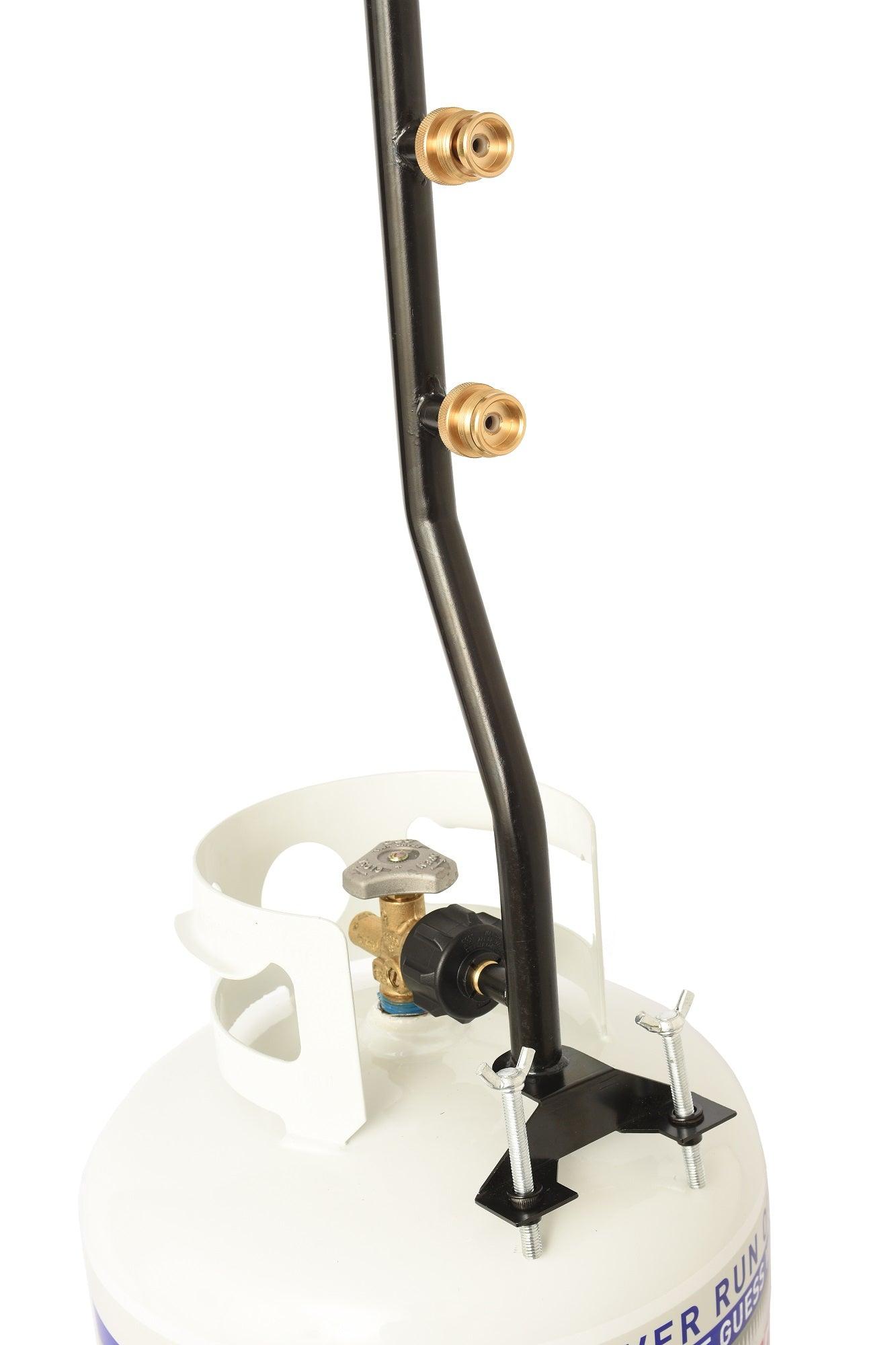 Flame King 3-outlet propane tank adapter with a distribution post for RV and trailer use, shown in a standing position.