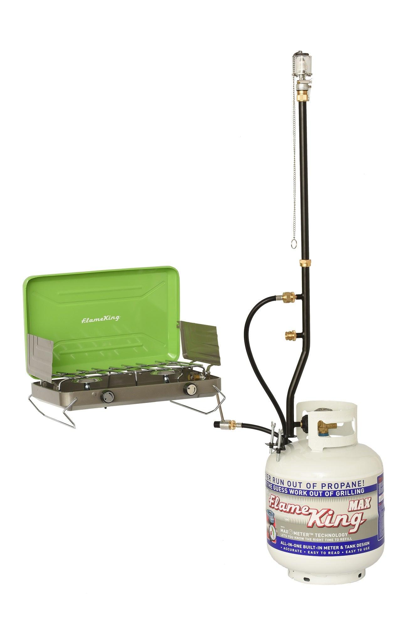 Flame King 3-outlet adapter for propane tank, featuring a pole stand for RV and trailer use.