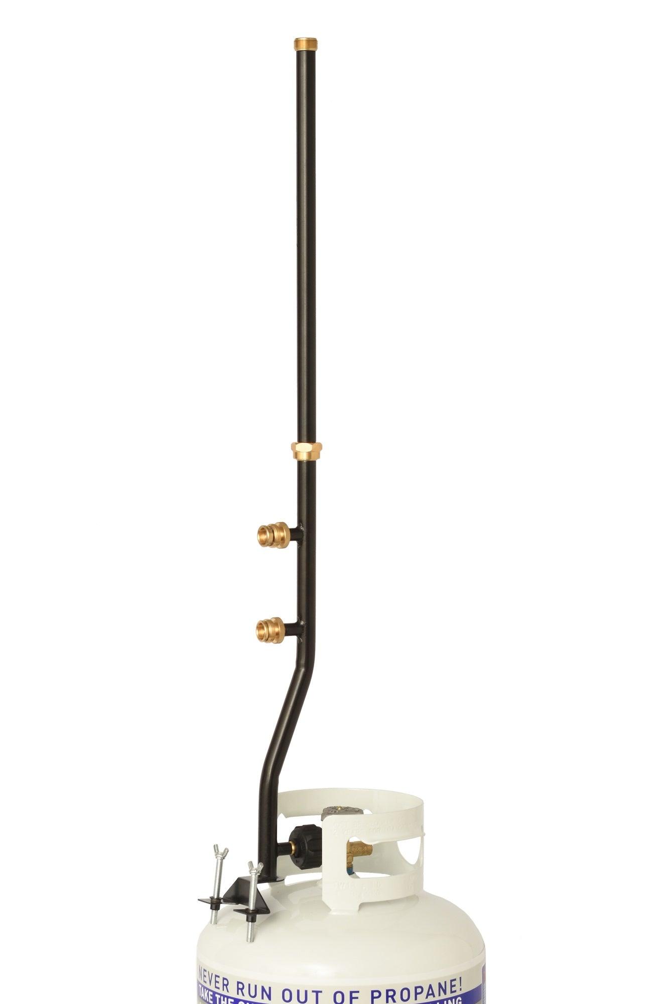 Flame King 3 outlets propane tank adapter with a distribution post for RV and trailer use, showcasing its sturdy design.