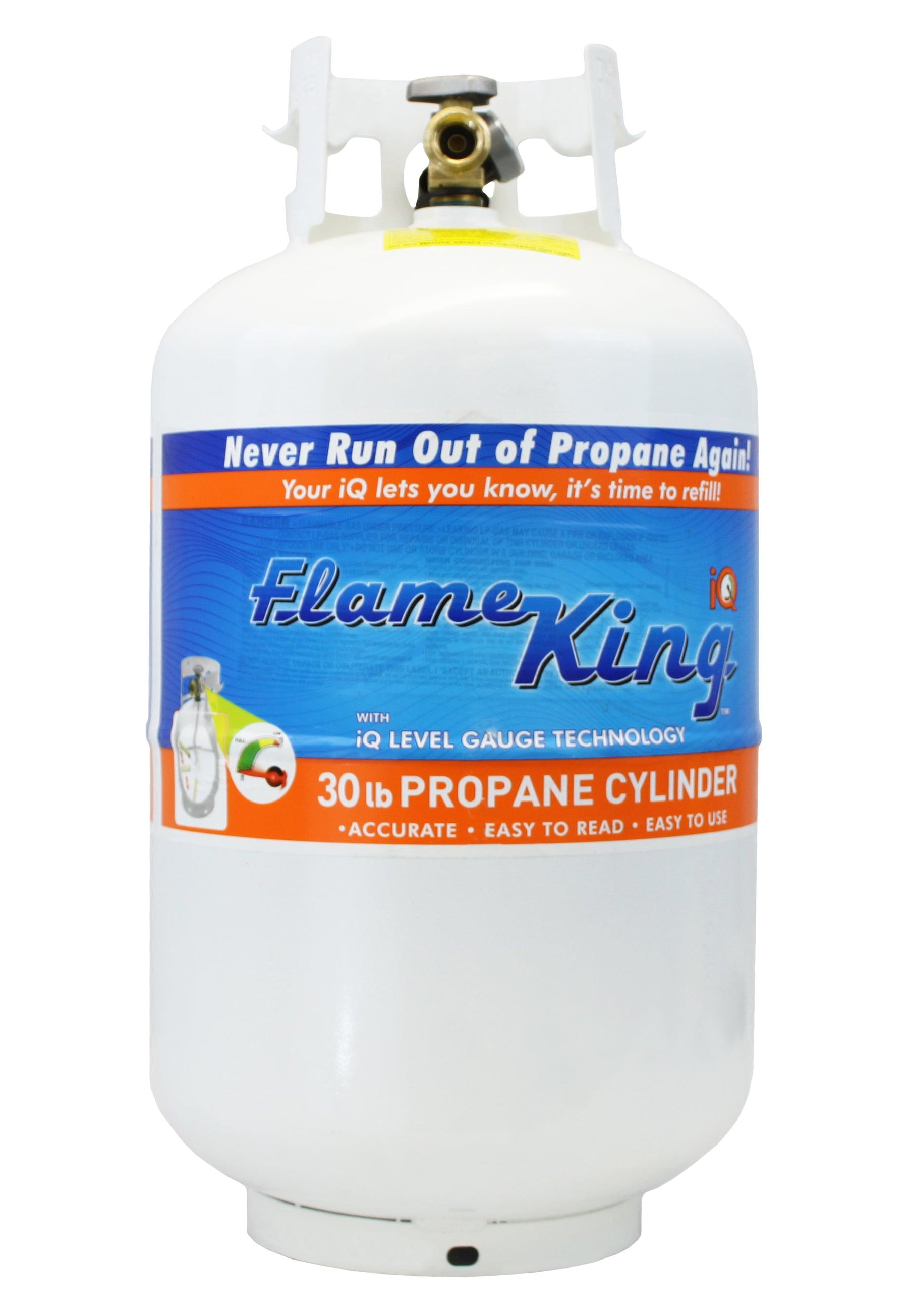 Flame King 30lb propane tank with OPD valve and gauge, metal LP cylinder for outdoor grilling and heating.