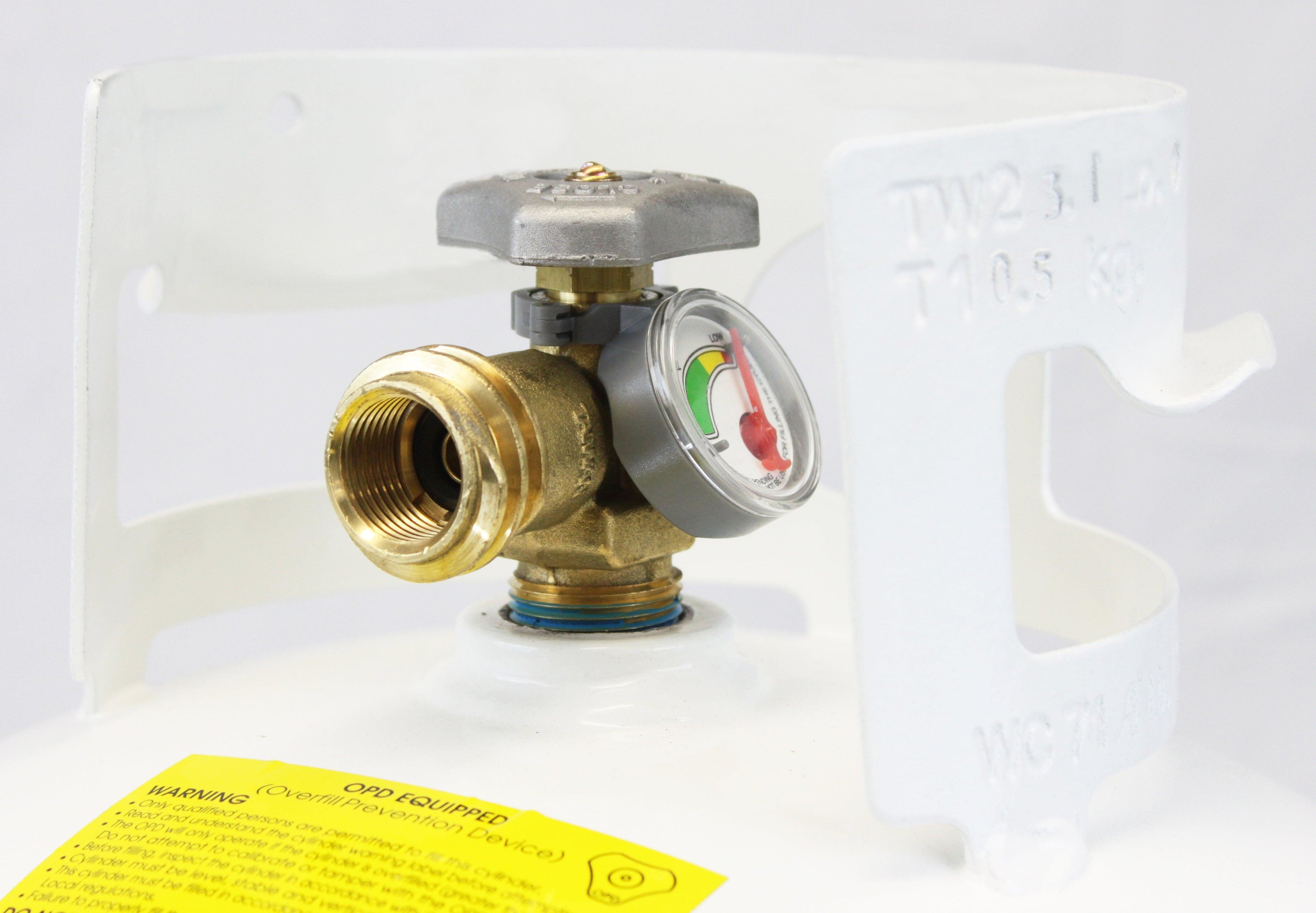 Flame King 30lb propane tank with OPD valve and pressure gauge, used for outdoor grilling and propane-powered appliances.