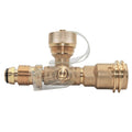 4 Port Brass Tee Propane Adapter by Flame King, showing multiple ports and durable brass construction for propane connections.