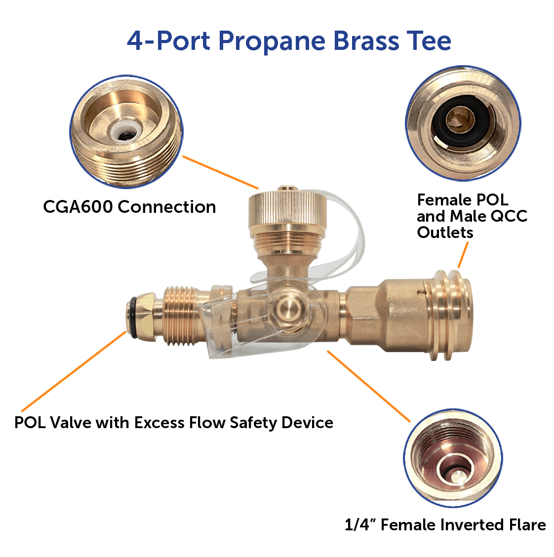 4 Port Brass Tee Propane Adapter by Flame King, featuring four connection ports for versatile propane use.