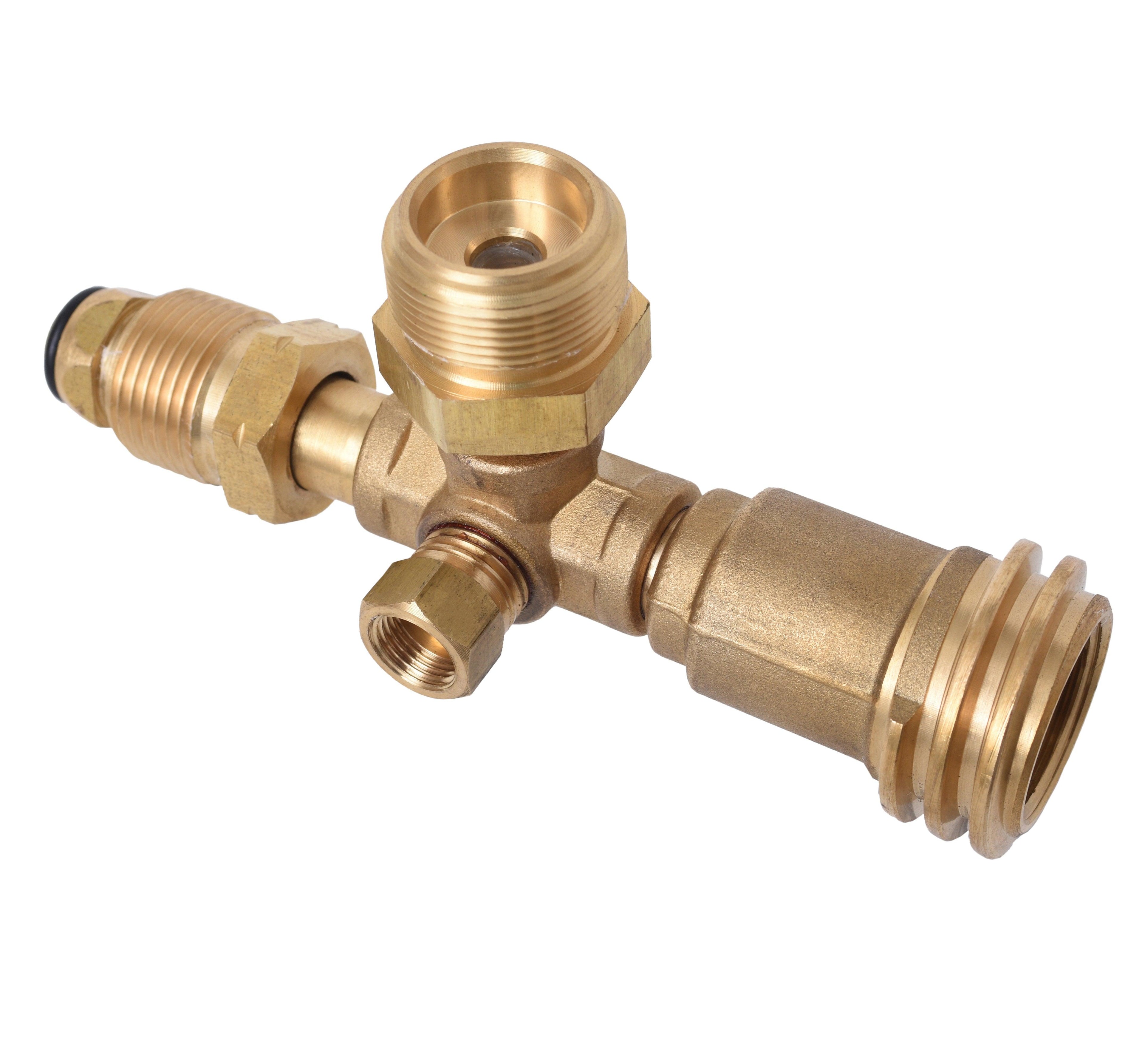 4 Port Brass Tee Propane Adapter by Flame King, featuring four connection ports for propane accessories.