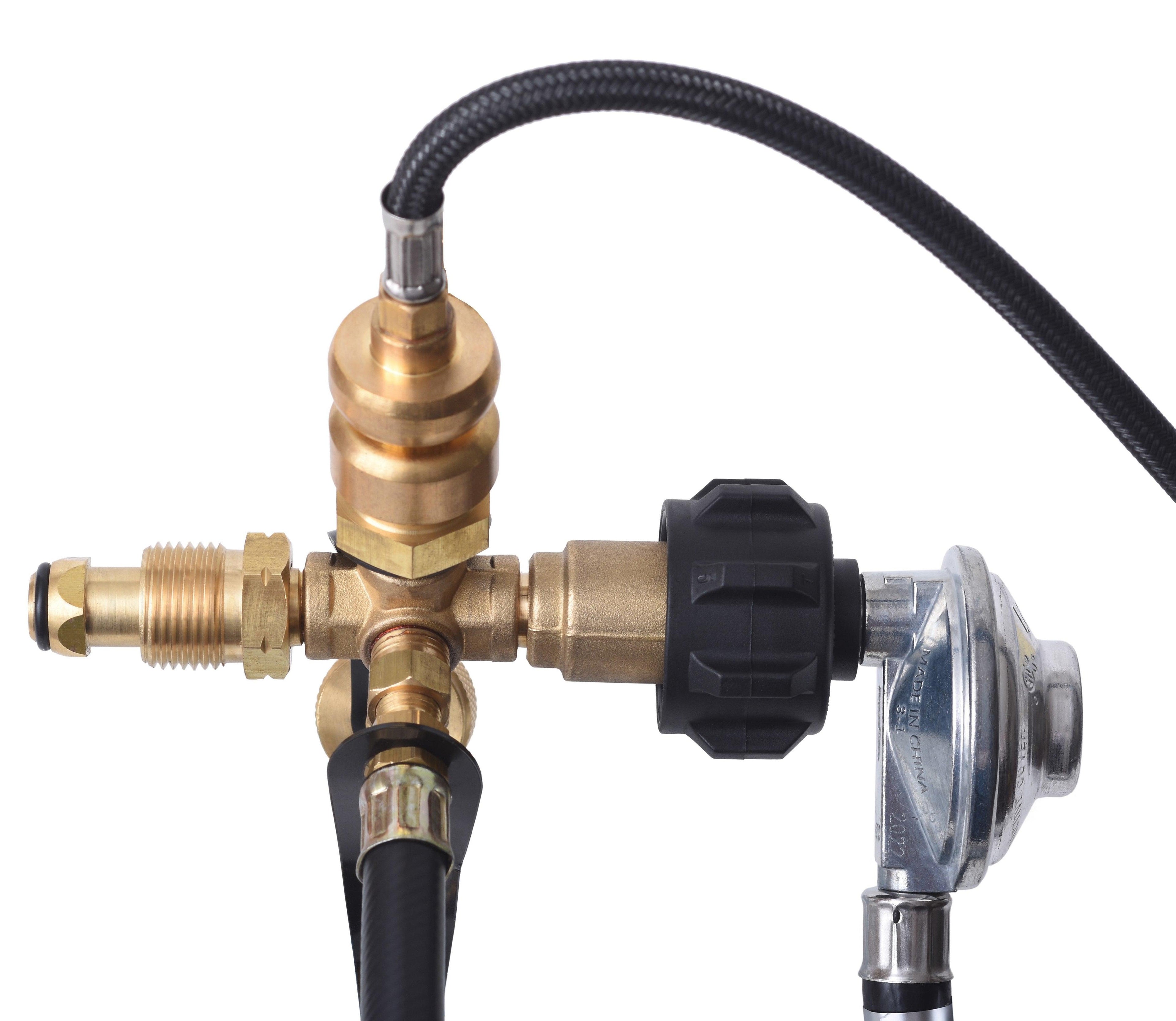 4 port brass tee propane adapter by Flame King, showcasing durable construction for efficient gas distribution.