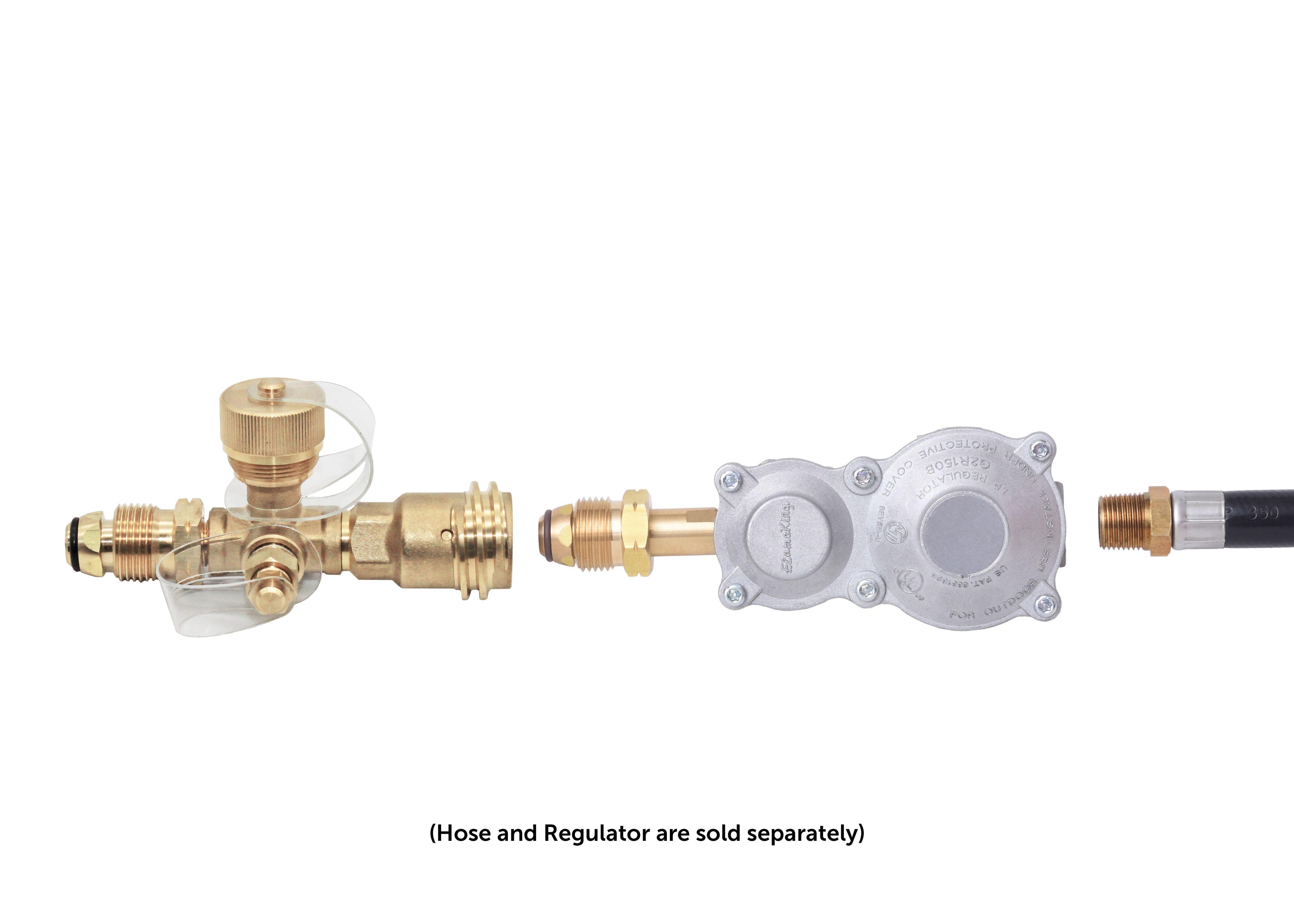 4 Port Brass Tee Propane Adapter by Flame King, showcasing durable brass construction and multiple connection ports.