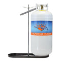 Flame King 40lb dual propane tank rack for RVs and trailers, showcasing sturdy mounting design and durable materials.