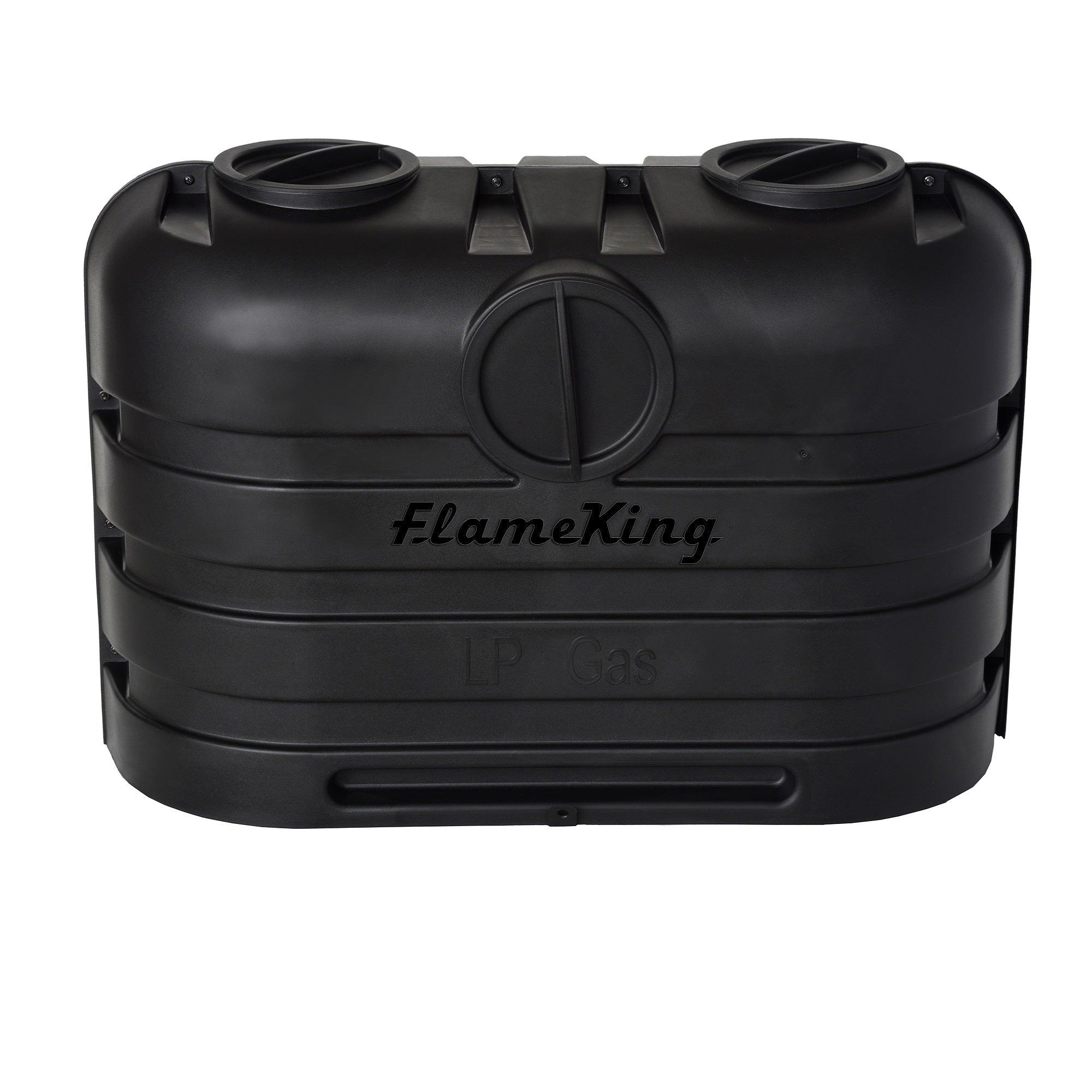 Flame King black heavy-duty cover for dual 20LB LP propane tanks, designed for RV and trailer protection.
