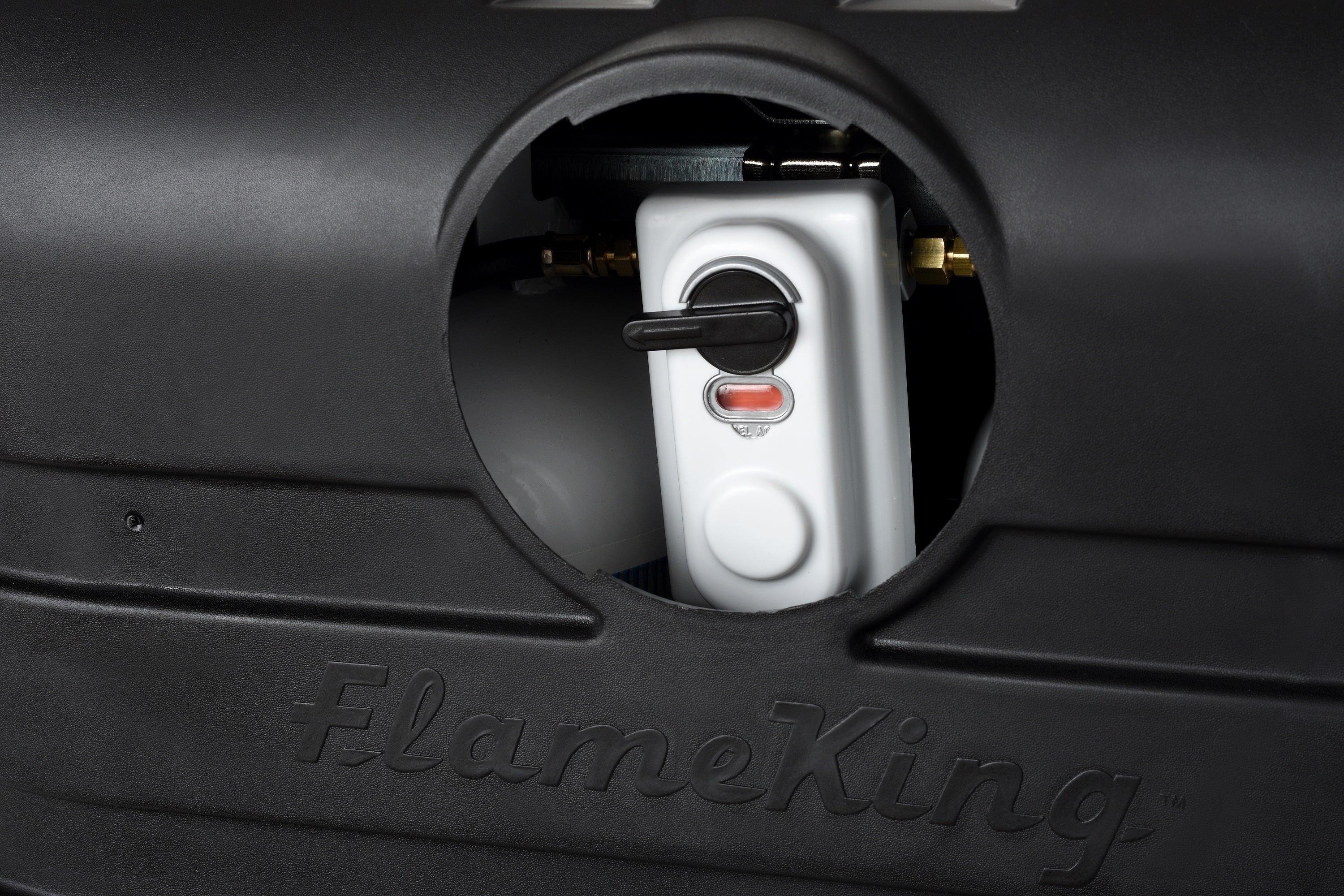 Flame King heavy-duty black cover for dual 20LB LP propane tanks, designed for RV and trailer use.