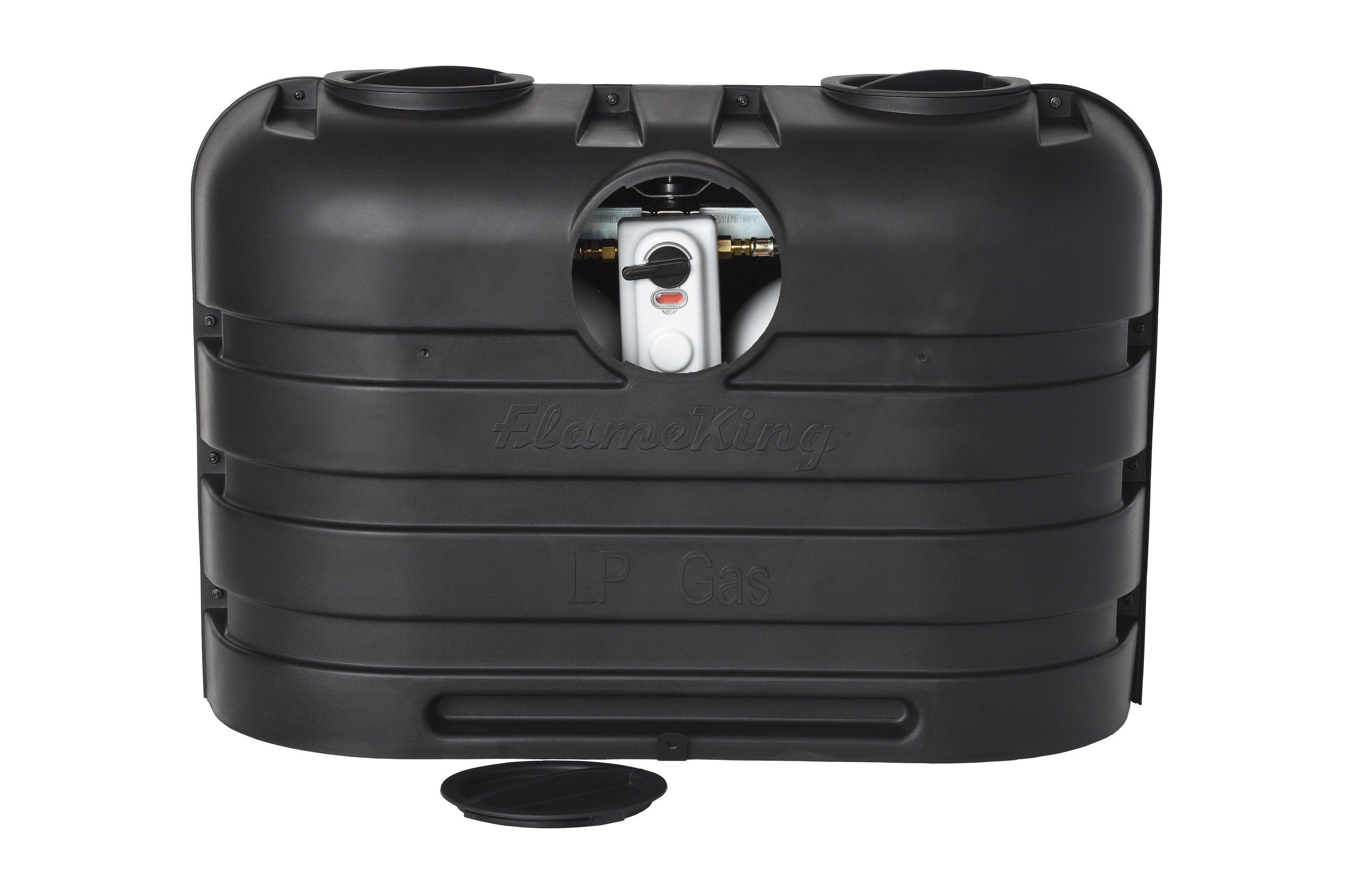 Flame King heavy-duty black cover for dual 20LB LP propane tanks, designed for RV and trailer protection.