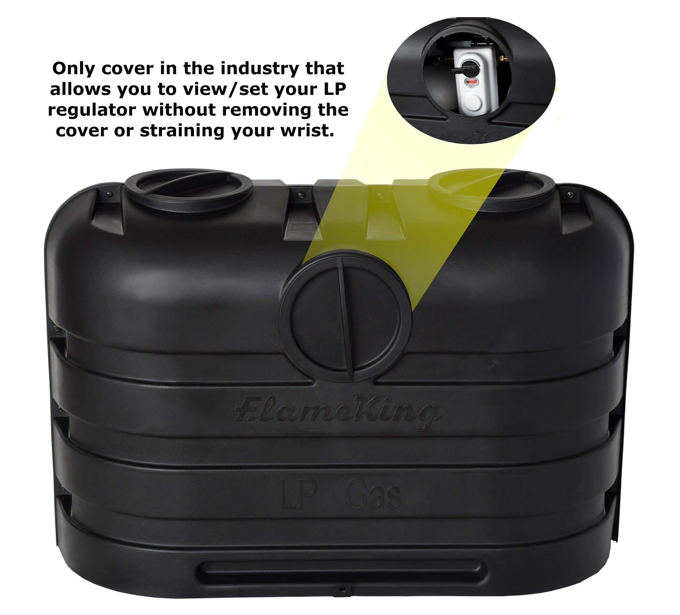 Black heavy-duty plastic cover for dual 20LB LP propane tanks, designed for RV and trailer use by Flame King Products.