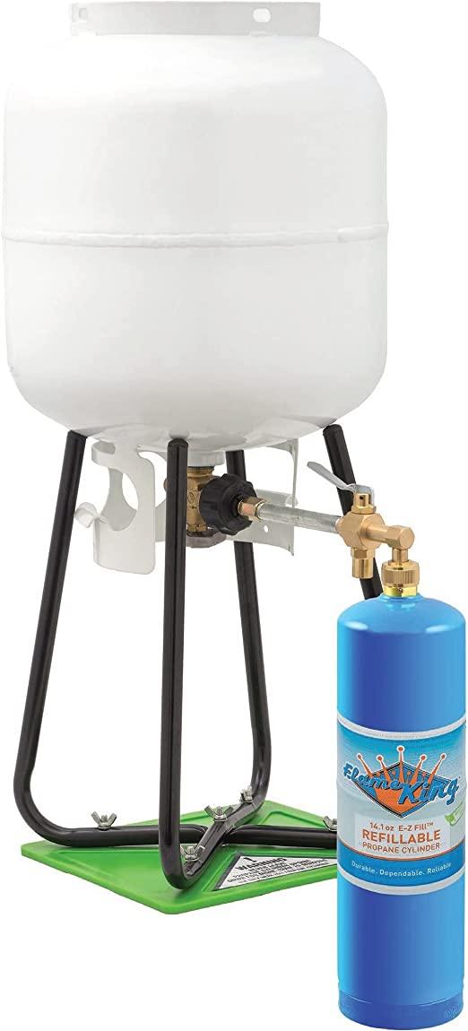 Flame King eco-friendly 1lb refillable propane cylinder with kit, showcasing its sustainable design and compact size.