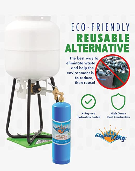 Flame King 1lb refillable propane cylinder with eco-friendly design and kit for sustainable fuel solutions.