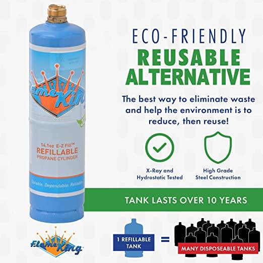 Flame King eco-friendly 1lb refillable propane cylinder kit with 14.1 oz capacity, showcasing its durable design and features.