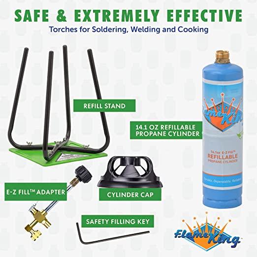 Flame King 1lb refillable propane cylinder kit with eco-friendly design, showing the cylinder and accessories.