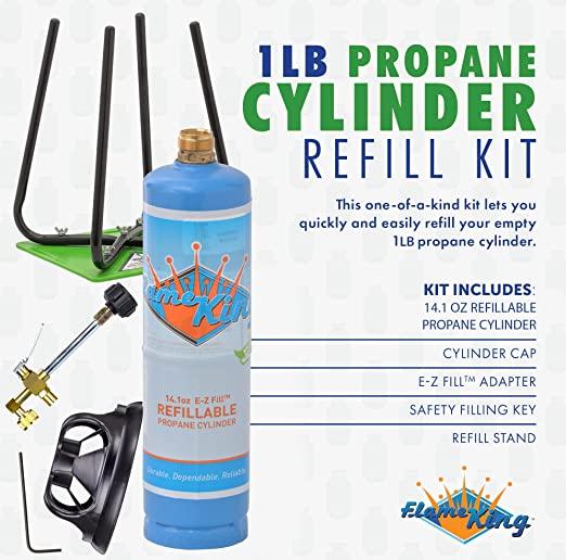 Flame King 1lb refillable propane cylinder kit, eco-friendly design, showcasing the cylinder and attached components.