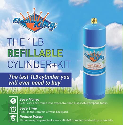 Flame King 1lb refillable propane cylinder with eco-friendly kit, showcasing the compact design and sustainable materials.