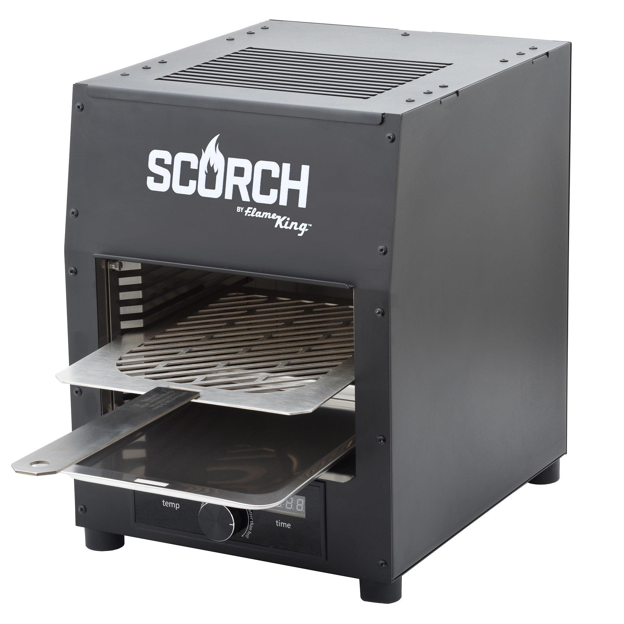 Flame King Electric Rapid Scorch Grill Cooker Oven with a sleek design and grilling surface showcasing cooking features.