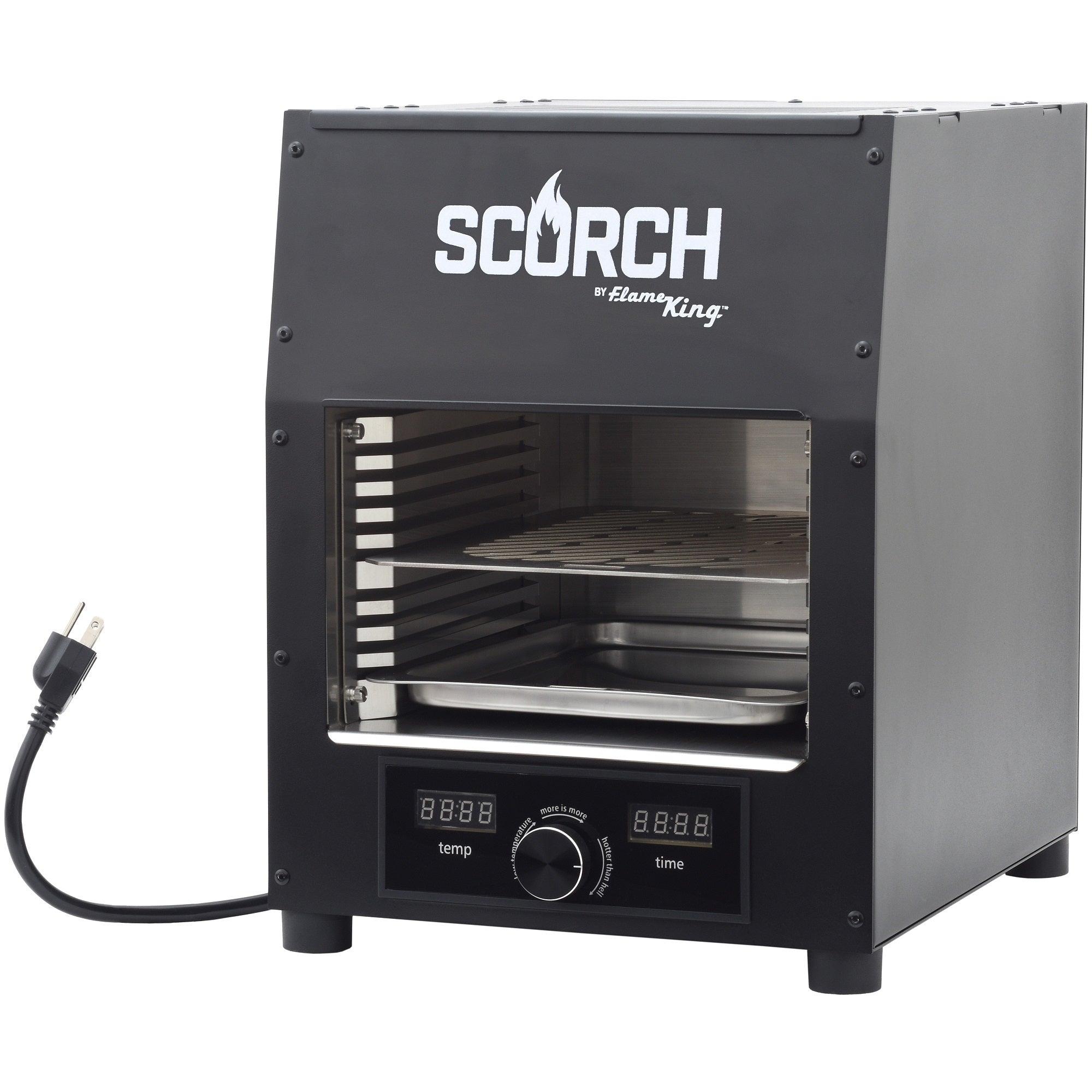 Flame King Electric Rapid Scorch Grill Cooker Oven with sleek design and cooking features on display against a neutral background.