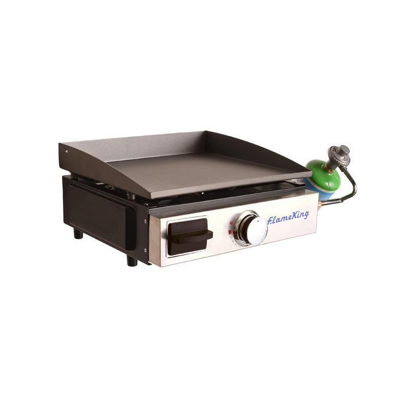 Flat top portable propane cast iron grill griddle by Flame King, ideal for camping and outdoor cooking.