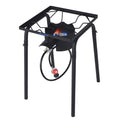 Flame King heavy-duty 100,000 BTU propane gas camping single burner cooker with sturdy metal construction and control knobs.