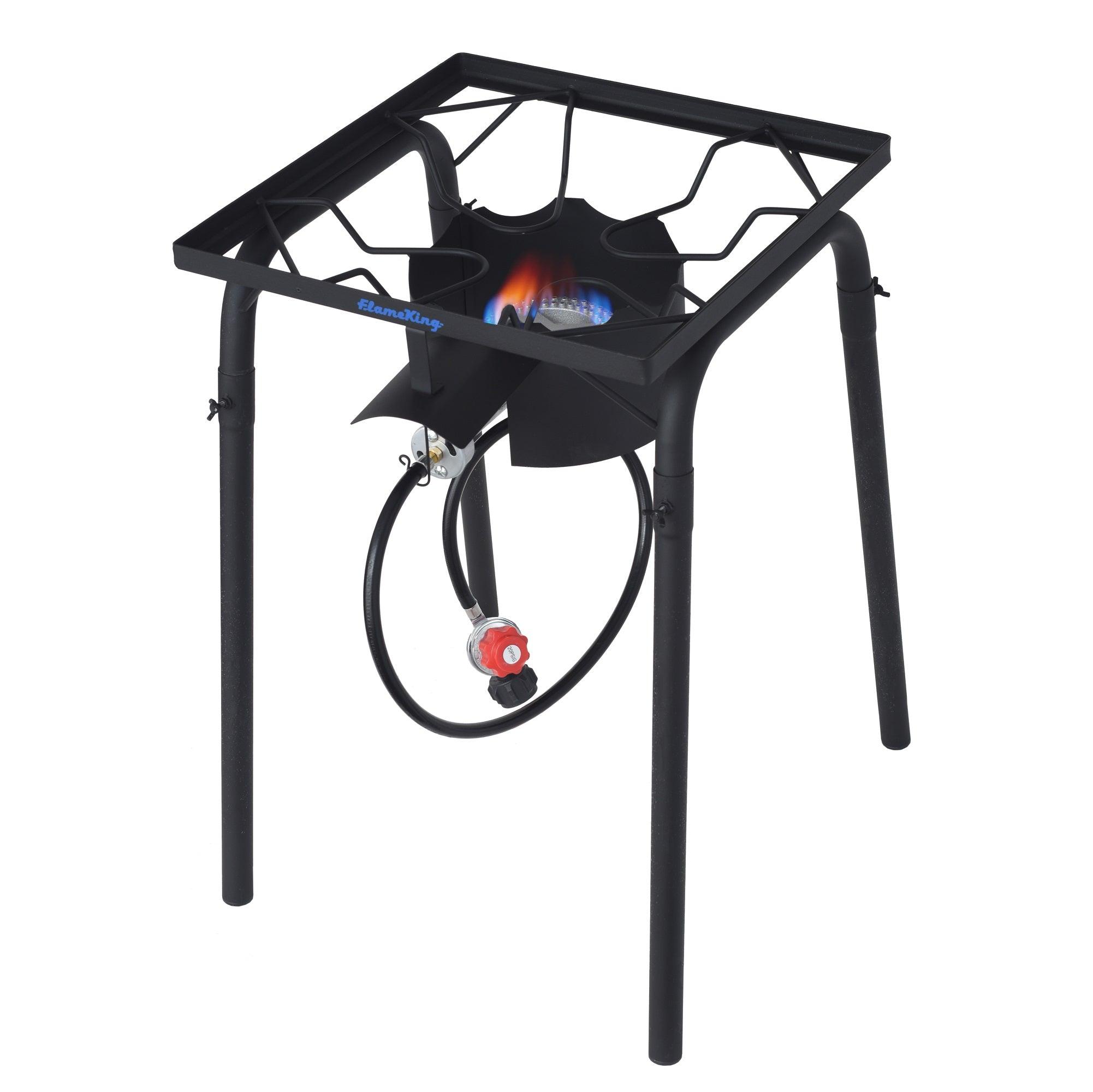 Flame King heavy-duty 100,000 BTU propane gas camping single burner cooker with sturdy metal construction and control knobs.