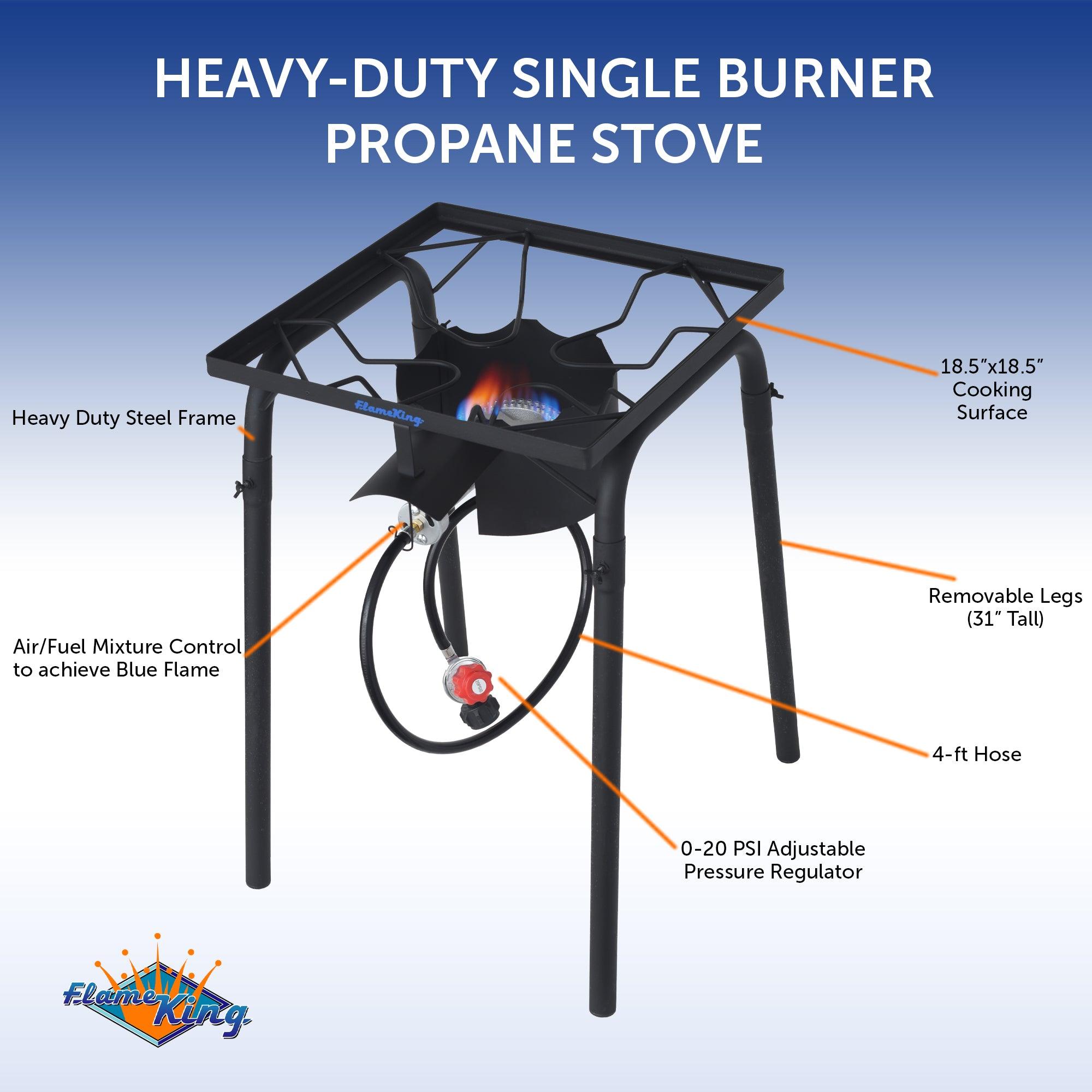 Flame King heavy-duty 100,000 BTU propane gas single burner camping cooker with metal stand and control knob.