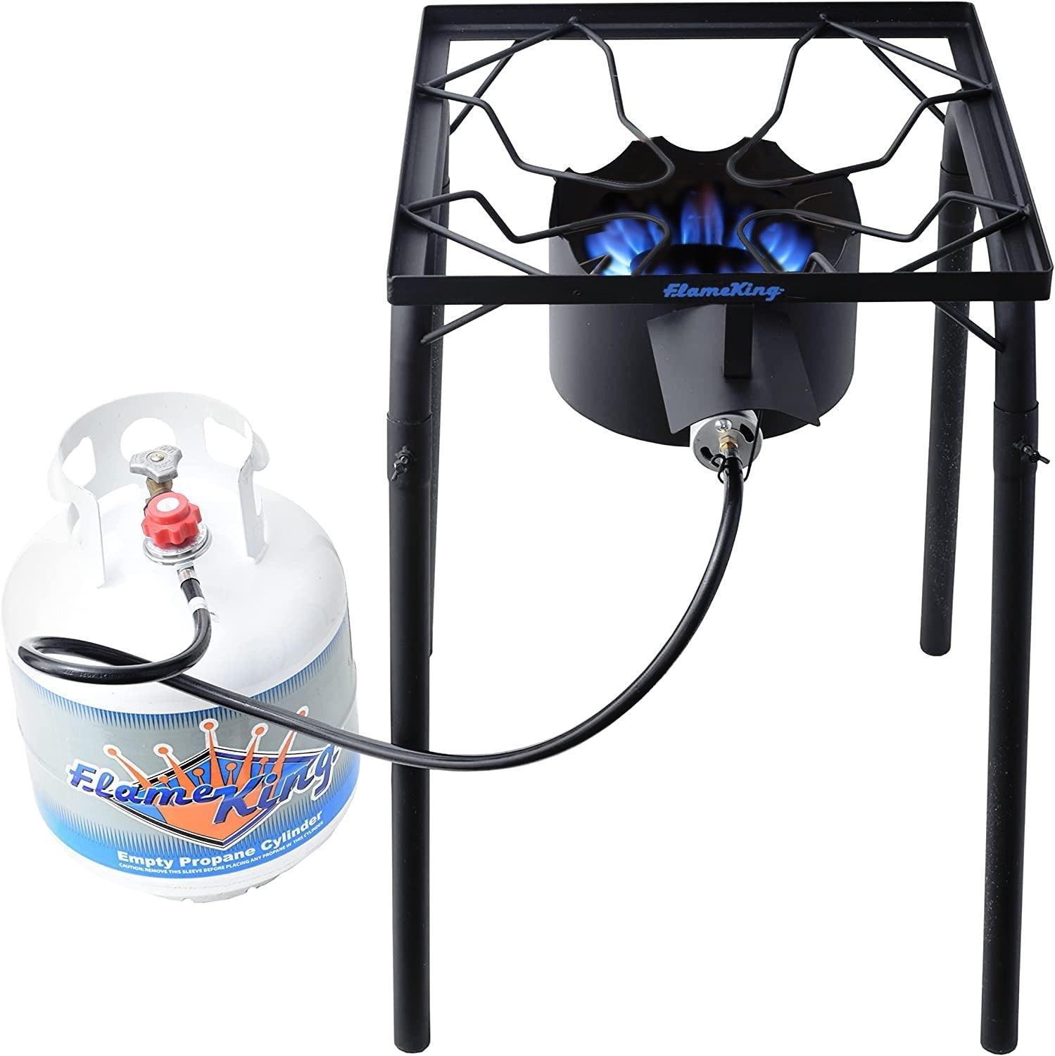Flame King heavy-duty 100,000 BTU propane gas single burner camping cooker with sturdy metal frame and control knob.