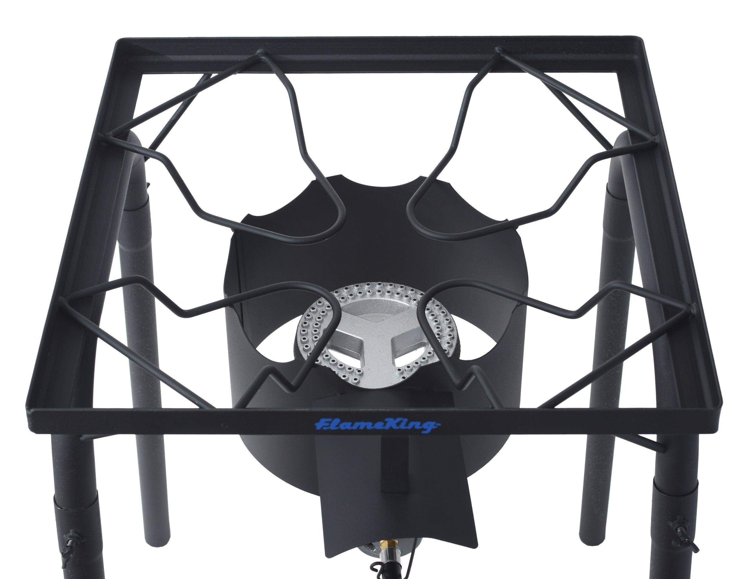 Heavy-duty Flame King 100,000 BTU propane camping single burner cooker with sturdy metal design and control valve.